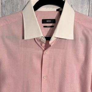 Hugo Boss pink and white stripe slim fit shirt